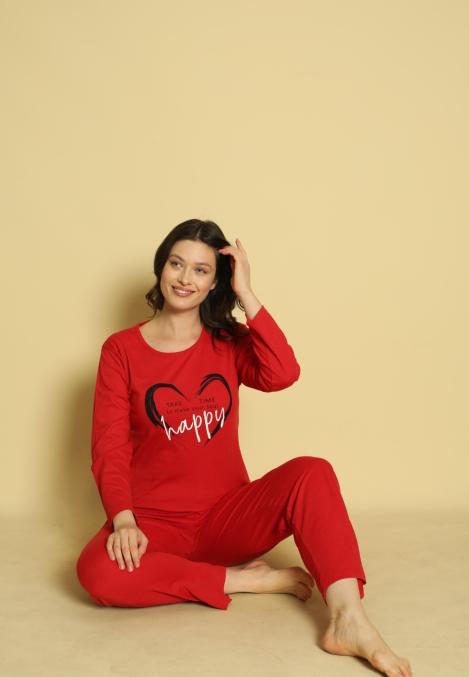 Pijama dama Serena-maneca lunga si pantalon lung, culoare rosu ,Engros
